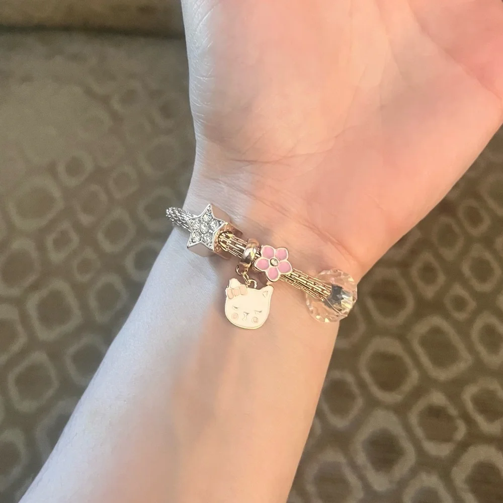 (kids) 🎉Rose Gold Cat Heart Star Crystal Charm Bracelet & Cat Ring